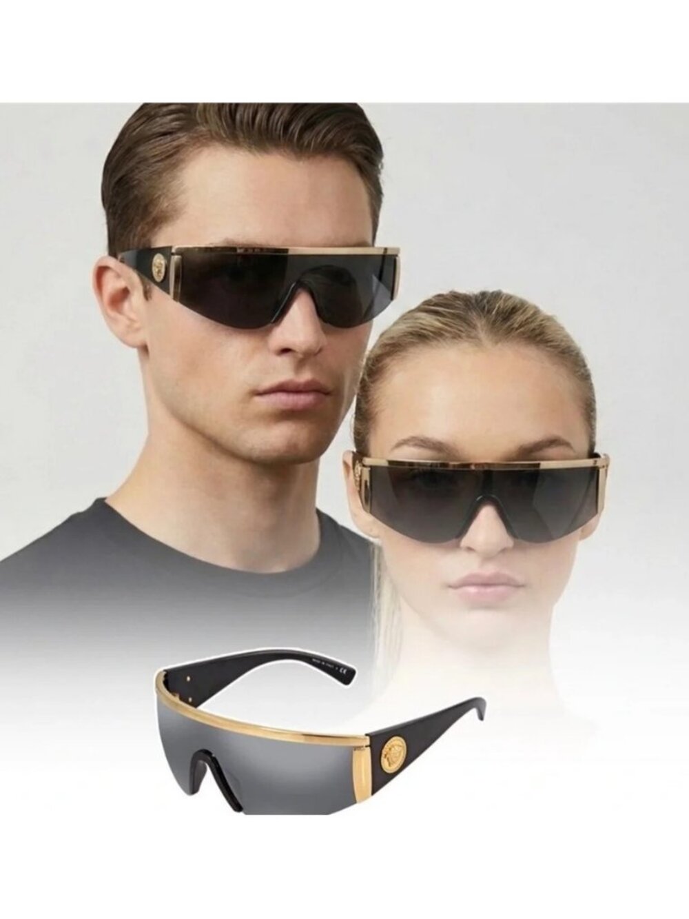 New Authentic Versace™ VE2197 Shield Sunglasses –Gold Frame / Grey Mirror Lenses